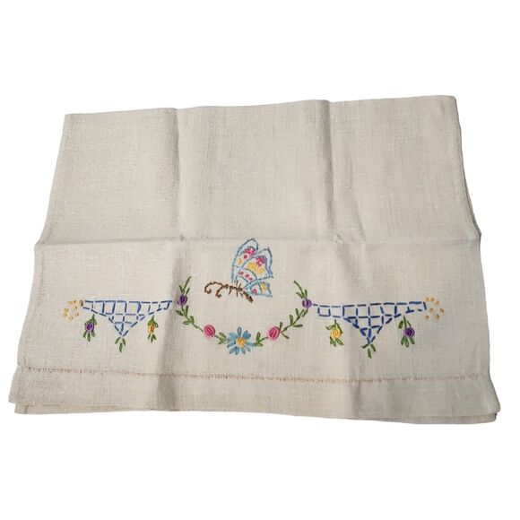 VTG LG LINEN KITCHEN DISH TEA EMBROIDERED TOWEL WITH BUTTERFLY COLORFUL FLOWERS - Picture 1 of 4